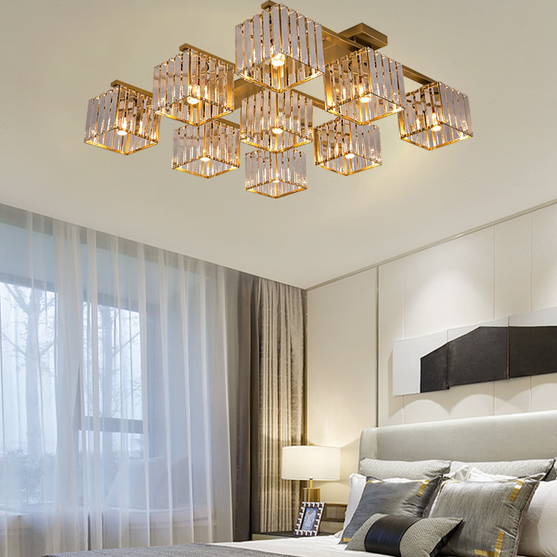 Modern Square Semi Flush Mount Tri-Sided Crystal Rod 4/6/9 Lights Living Room Ceiling Fixture in Gold/Black Clearhalo 'Ceiling Lights' 'Close To Ceiling Lights' 'Close to ceiling' 'Flush mount' Lighting' 314104