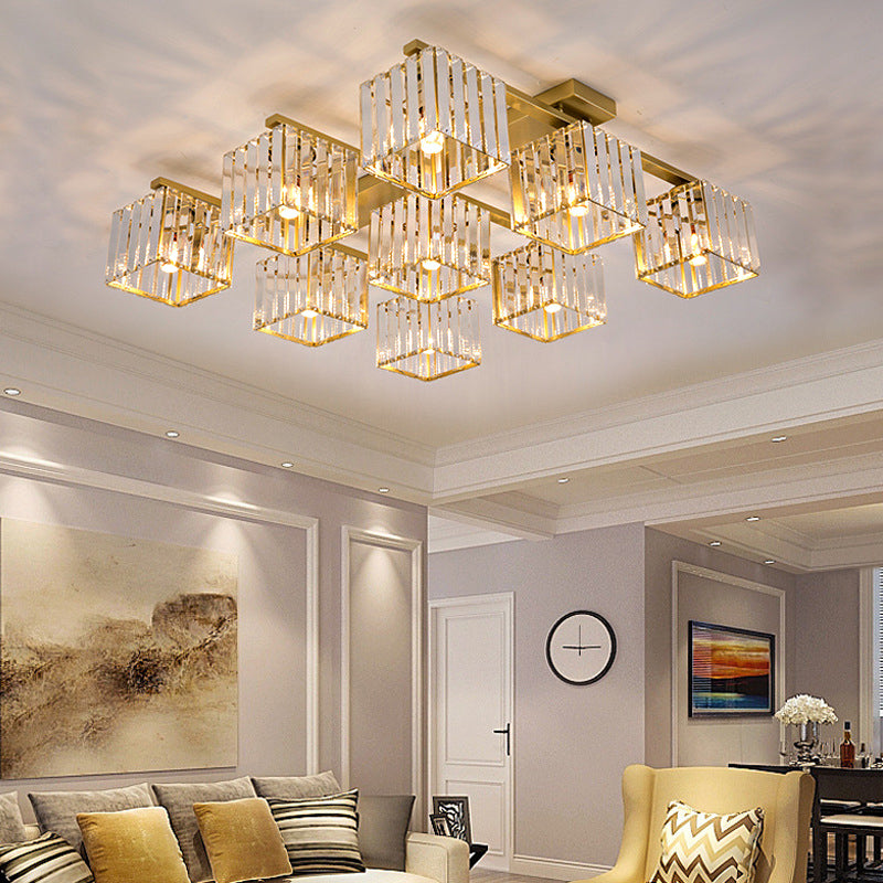 Modern Square Semi Flush Mount Tri-Sided Crystal Rod 4/6/9 Lights Living Room Ceiling Fixture in Gold/Black Clearhalo 'Ceiling Lights' 'Close To Ceiling Lights' 'Close to ceiling' 'Flush mount' Lighting' 314105