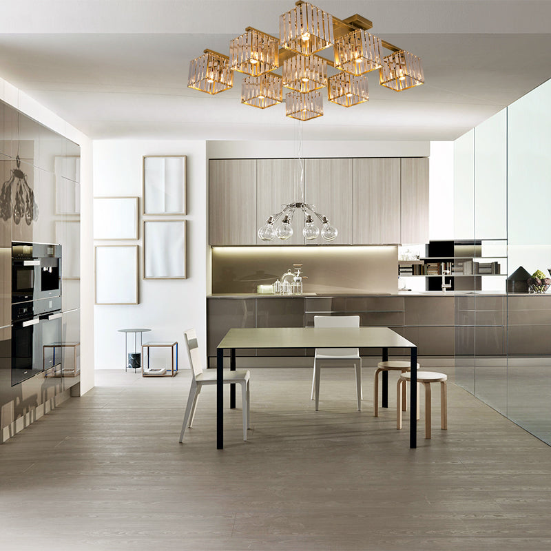 Modern Square Semi Flush Mount Tri-Sided Crystal Rod 4/6/9 Lights Living Room Ceiling Fixture in Gold/Black Clearhalo 'Ceiling Lights' 'Close To Ceiling Lights' 'Close to ceiling' 'Flush mount' Lighting' 314106