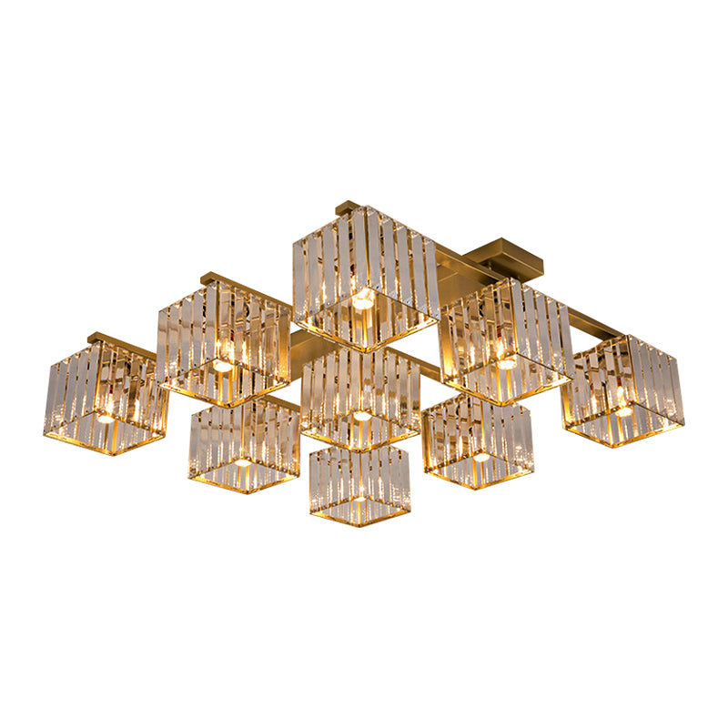 Modern Square Semi Flush Mount Tri-Sided Crystal Rod 4/6/9 Lights Living Room Ceiling Fixture in Gold/Black Clearhalo 'Ceiling Lights' 'Close To Ceiling Lights' 'Close to ceiling' 'Flush mount' Lighting' 314107