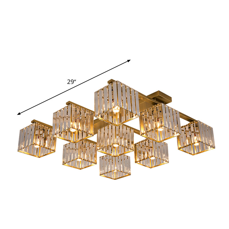 Modern Square Semi Flush Mount Tri-Sided Crystal Rod 4/6/9 Lights Living Room Ceiling Fixture in Gold/Black Clearhalo 'Ceiling Lights' 'Close To Ceiling Lights' 'Close to ceiling' 'Flush mount' Lighting' 314108