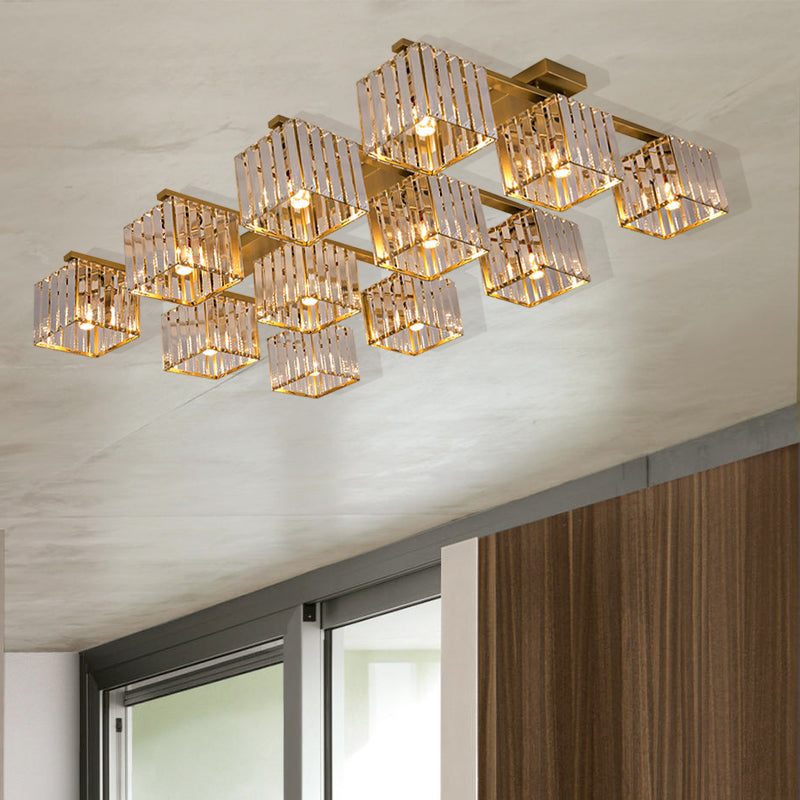 Modern Square Semi Flush Mount Tri-Sided Crystal Rod 4/6/9 Lights Living Room Ceiling Fixture in Gold/Black 12 Gold Clearhalo 'Ceiling Lights' 'Close To Ceiling Lights' 'Close to ceiling' 'Flush mount' Lighting' 314110