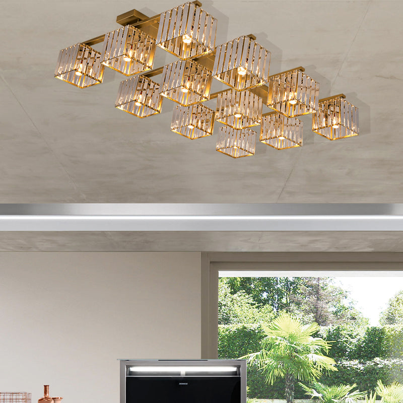 Modern Square Semi Flush Mount Tri-Sided Crystal Rod 4/6/9 Lights Living Room Ceiling Fixture in Gold/Black Clearhalo 'Ceiling Lights' 'Close To Ceiling Lights' 'Close to ceiling' 'Flush mount' Lighting' 314111