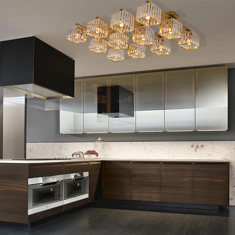 Modern Square Semi Flush Mount Tri-Sided Crystal Rod 4/6/9 Lights Living Room Ceiling Fixture in Gold/Black Clearhalo 'Ceiling Lights' 'Close To Ceiling Lights' 'Close to ceiling' 'Flush mount' Lighting' 314113