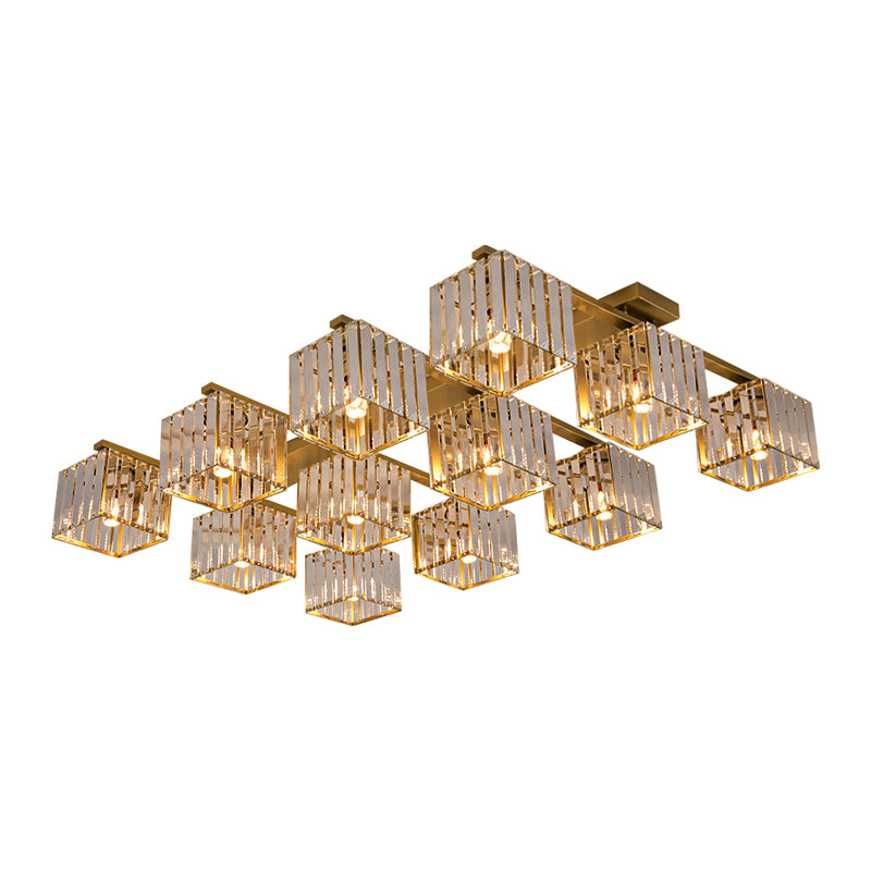 Modern Square Semi Flush Mount Tri-Sided Crystal Rod 4/6/9 Lights Living Room Ceiling Fixture in Gold/Black Clearhalo 'Ceiling Lights' 'Close To Ceiling Lights' 'Close to ceiling' 'Flush mount' Lighting' 314114
