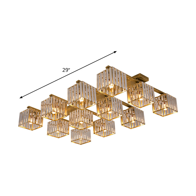 Modern Square Semi Flush Mount Tri-Sided Crystal Rod 4/6/9 Lights Living Room Ceiling Fixture in Gold/Black Clearhalo 'Ceiling Lights' 'Close To Ceiling Lights' 'Close to ceiling' 'Flush mount' Lighting' 314115