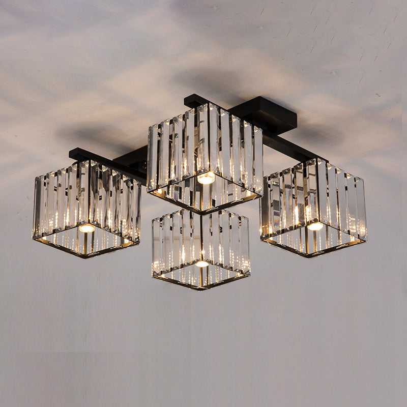 Modern Square Semi Flush Mount Tri-Sided Crystal Rod 4/6/9 Lights Living Room Ceiling Fixture in Gold/Black 4 Black Clearhalo 'Ceiling Lights' 'Close To Ceiling Lights' 'Close to ceiling' 'Flush mount' Lighting' 314116