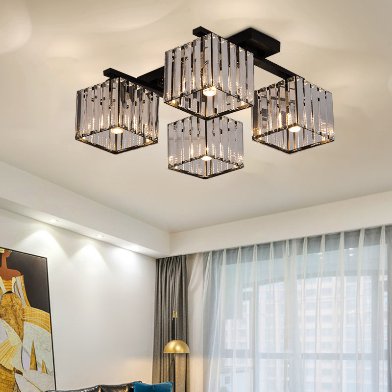 Modern Square Semi Flush Mount Tri-Sided Crystal Rod 4/6/9 Lights Living Room Ceiling Fixture in Gold/Black Clearhalo 'Ceiling Lights' 'Close To Ceiling Lights' 'Close to ceiling' 'Flush mount' Lighting' 314117