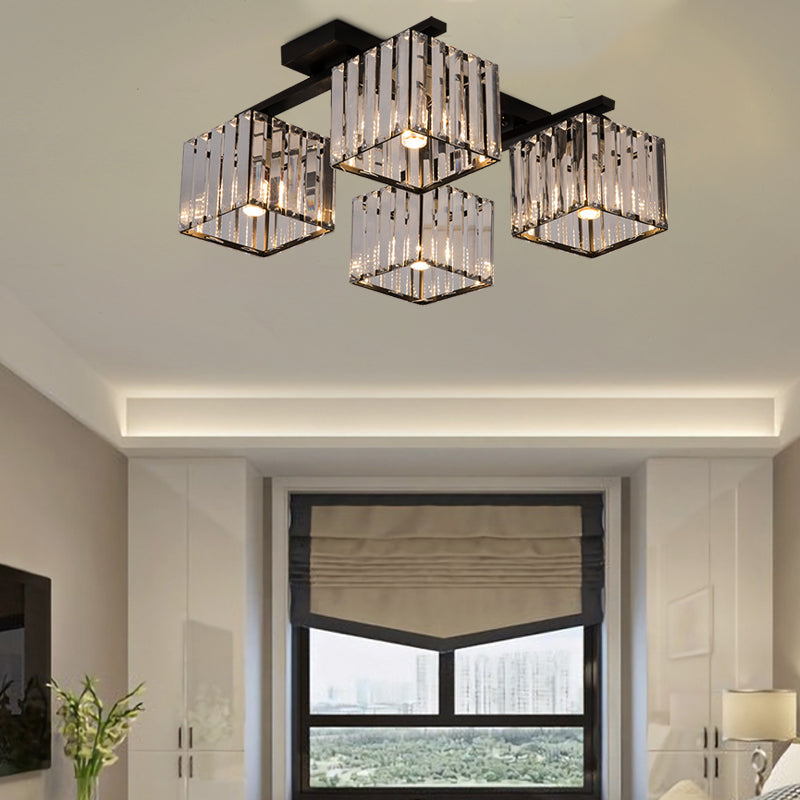 Modern Square Semi Flush Mount Tri-Sided Crystal Rod 4/6/9 Lights Living Room Ceiling Fixture in Gold/Black Clearhalo 'Ceiling Lights' 'Close To Ceiling Lights' 'Close to ceiling' 'Flush mount' Lighting' 314118