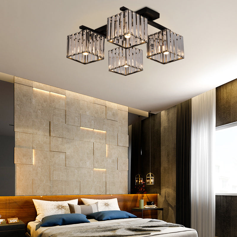 Modern Square Semi Flush Mount Tri-Sided Crystal Rod 4/6/9 Lights Living Room Ceiling Fixture in Gold/Black Clearhalo 'Ceiling Lights' 'Close To Ceiling Lights' 'Close to ceiling' 'Flush mount' Lighting' 314119