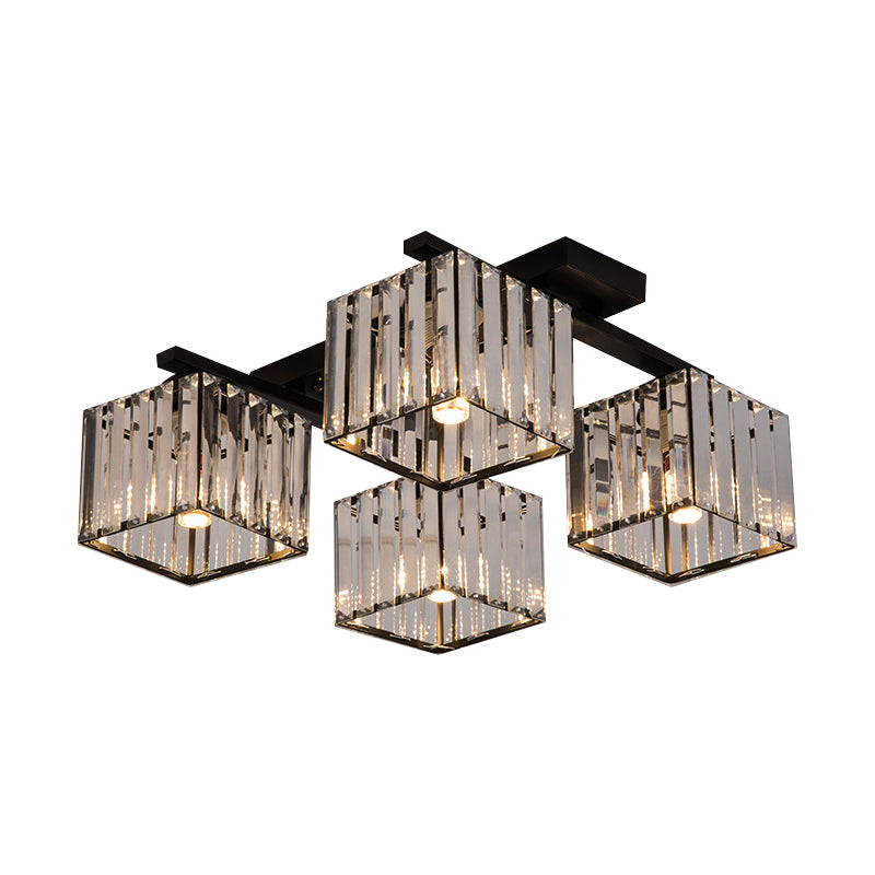 Modern Square Semi Flush Mount Tri-Sided Crystal Rod 4/6/9 Lights Living Room Ceiling Fixture in Gold/Black Clearhalo 'Ceiling Lights' 'Close To Ceiling Lights' 'Close to ceiling' 'Flush mount' Lighting' 314120