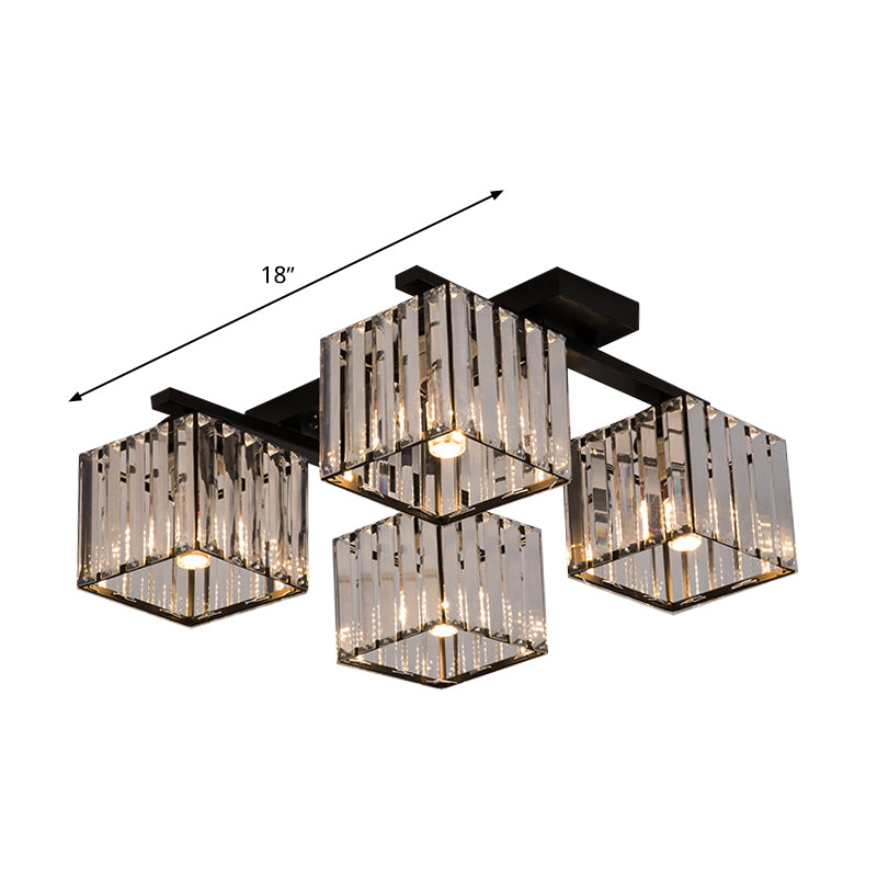 Modern Square Semi Flush Mount Tri-Sided Crystal Rod 4/6/9 Lights Living Room Ceiling Fixture in Gold/Black Clearhalo 'Ceiling Lights' 'Close To Ceiling Lights' 'Close to ceiling' 'Flush mount' Lighting' 314121