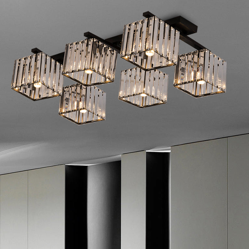 Modern Square Semi Flush Mount Tri-Sided Crystal Rod 4/6/9 Lights Living Room Ceiling Fixture in Gold/Black 6 Black Clearhalo 'Ceiling Lights' 'Close To Ceiling Lights' 'Close to ceiling' 'Flush mount' Lighting' 314122