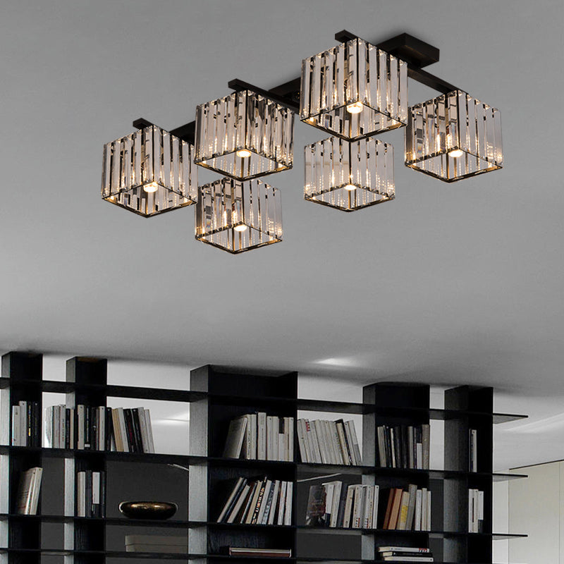 Modern Square Semi Flush Mount Tri-Sided Crystal Rod 4/6/9 Lights Living Room Ceiling Fixture in Gold/Black Clearhalo 'Ceiling Lights' 'Close To Ceiling Lights' 'Close to ceiling' 'Flush mount' Lighting' 314123
