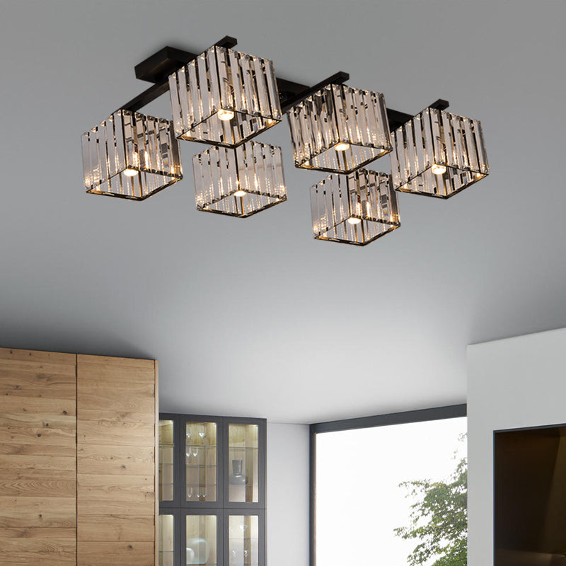 Modern Square Semi Flush Mount Tri-Sided Crystal Rod 4/6/9 Lights Living Room Ceiling Fixture in Gold/Black Clearhalo 'Ceiling Lights' 'Close To Ceiling Lights' 'Close to ceiling' 'Flush mount' Lighting' 314124