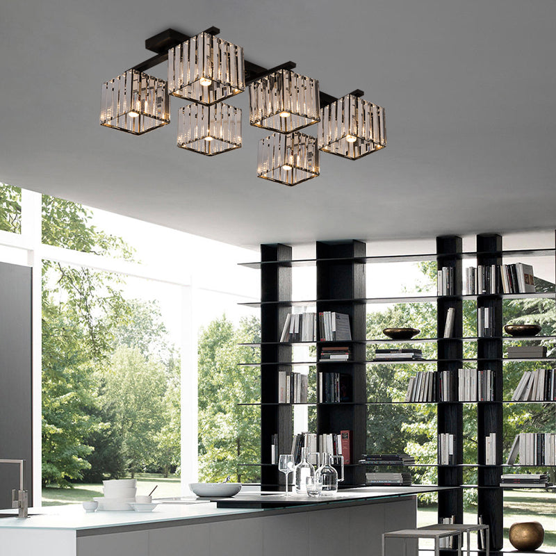 Modern Square Semi Flush Mount Tri-Sided Crystal Rod 4/6/9 Lights Living Room Ceiling Fixture in Gold/Black Clearhalo 'Ceiling Lights' 'Close To Ceiling Lights' 'Close to ceiling' 'Flush mount' Lighting' 314125
