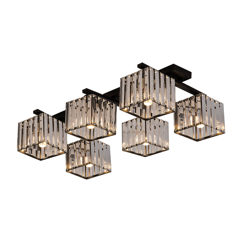 Modern Square Semi Flush Mount Tri-Sided Crystal Rod 4/6/9 Lights Living Room Ceiling Fixture in Gold/Black Clearhalo 'Ceiling Lights' 'Close To Ceiling Lights' 'Close to ceiling' 'Flush mount' Lighting' 314126