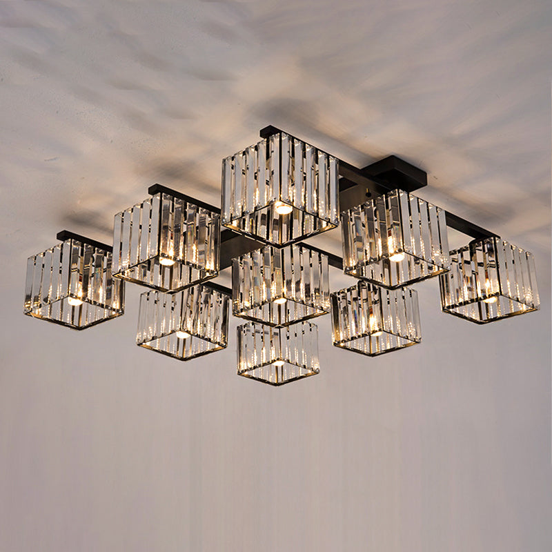 Modern Square Semi Flush Mount Tri-Sided Crystal Rod 4/6/9 Lights Living Room Ceiling Fixture in Gold/Black 9 Black Clearhalo 'Ceiling Lights' 'Close To Ceiling Lights' 'Close to ceiling' 'Flush mount' Lighting' 314128