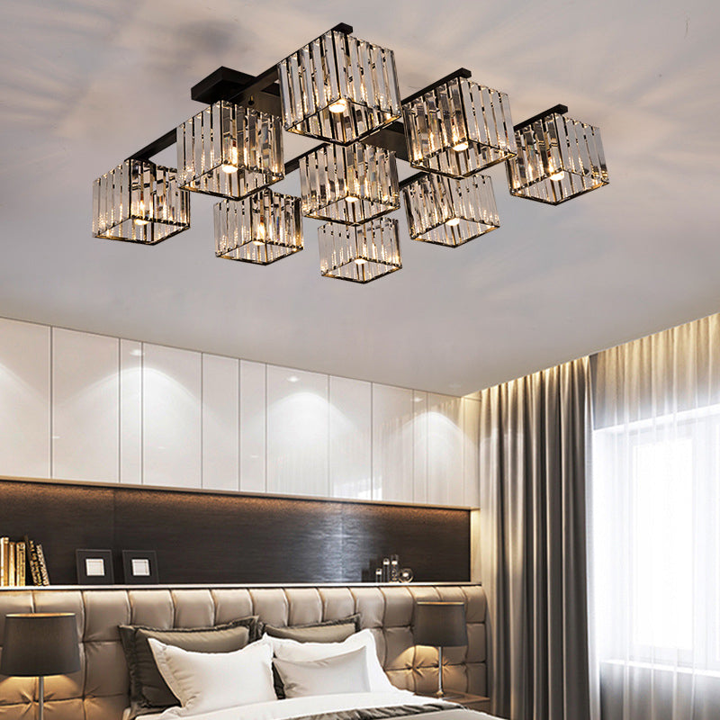 Modern Square Semi Flush Mount Tri-Sided Crystal Rod 4/6/9 Lights Living Room Ceiling Fixture in Gold/Black Clearhalo 'Ceiling Lights' 'Close To Ceiling Lights' 'Close to ceiling' 'Flush mount' Lighting' 314129