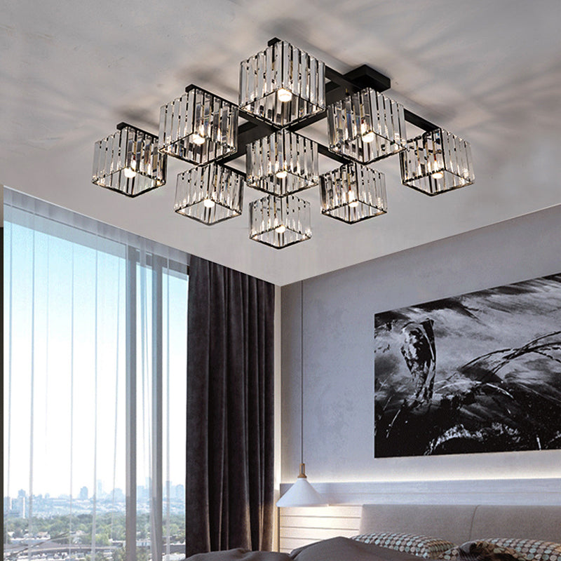 Modern Square Semi Flush Mount Tri-Sided Crystal Rod 4/6/9 Lights Living Room Ceiling Fixture in Gold/Black Clearhalo 'Ceiling Lights' 'Close To Ceiling Lights' 'Close to ceiling' 'Flush mount' Lighting' 314130