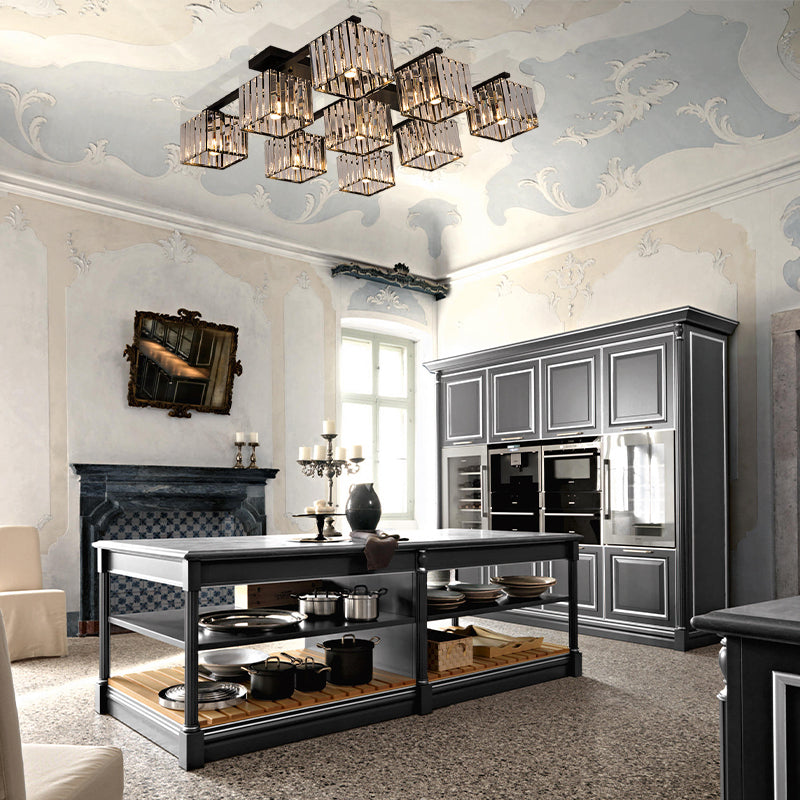 Modern Square Semi Flush Mount Tri-Sided Crystal Rod 4/6/9 Lights Living Room Ceiling Fixture in Gold/Black Clearhalo 'Ceiling Lights' 'Close To Ceiling Lights' 'Close to ceiling' 'Flush mount' Lighting' 314131