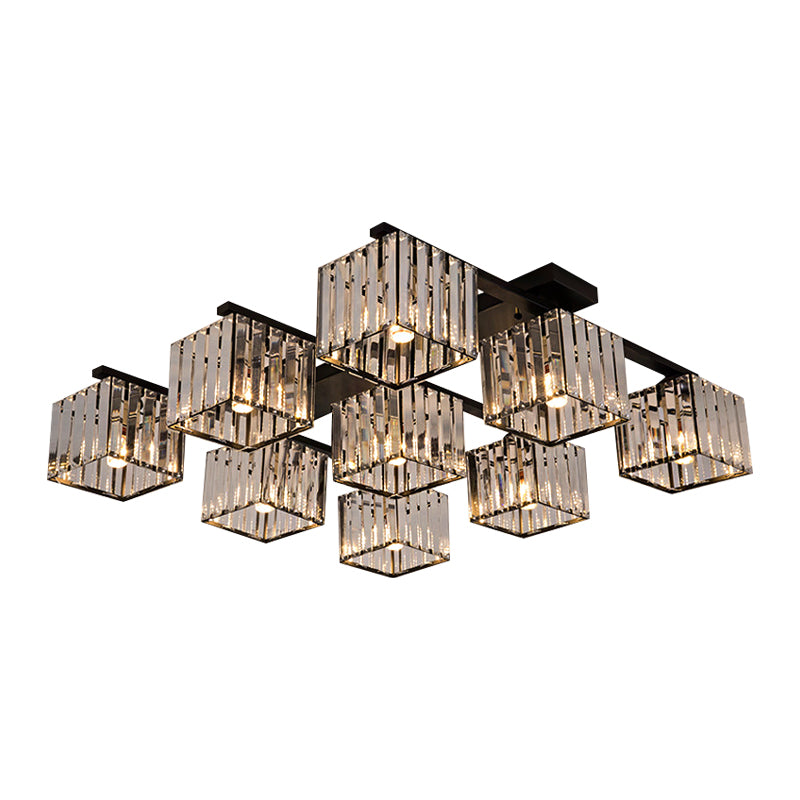 Modern Square Semi Flush Mount Tri-Sided Crystal Rod 4/6/9 Lights Living Room Ceiling Fixture in Gold/Black Clearhalo 'Ceiling Lights' 'Close To Ceiling Lights' 'Close to ceiling' 'Flush mount' Lighting' 314132