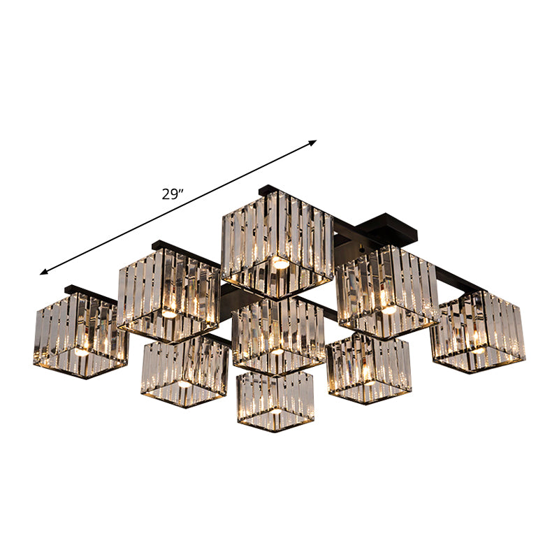 Modern Square Semi Flush Mount Tri-Sided Crystal Rod 4/6/9 Lights Living Room Ceiling Fixture in Gold/Black Clearhalo 'Ceiling Lights' 'Close To Ceiling Lights' 'Close to ceiling' 'Flush mount' Lighting' 314133