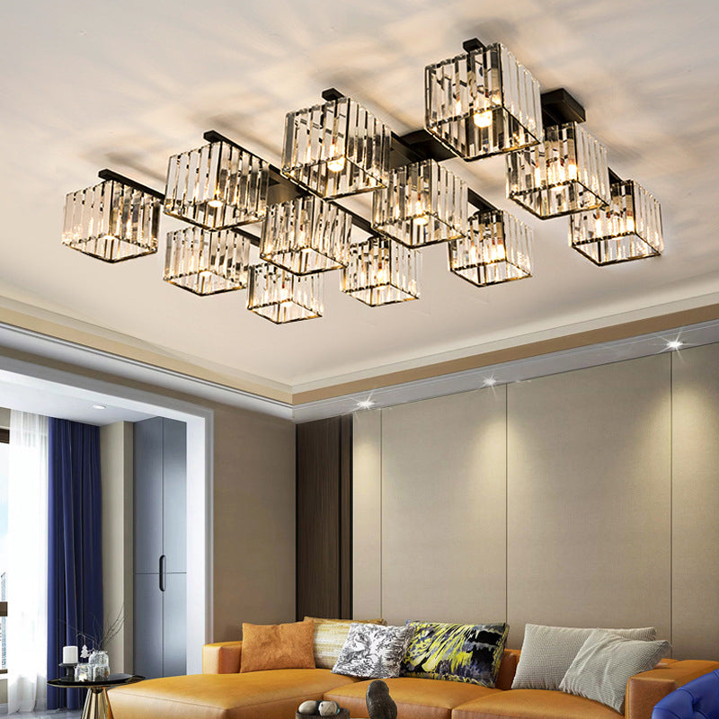 Modern Square Semi Flush Mount Tri-Sided Crystal Rod 4/6/9 Lights Living Room Ceiling Fixture in Gold/Black 12 Black Clearhalo 'Ceiling Lights' 'Close To Ceiling Lights' 'Close to ceiling' 'Flush mount' Lighting' 314135