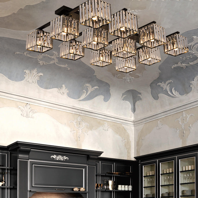 Modern Square Semi Flush Mount Tri-Sided Crystal Rod 4/6/9 Lights Living Room Ceiling Fixture in Gold/Black Clearhalo 'Ceiling Lights' 'Close To Ceiling Lights' 'Close to ceiling' 'Flush mount' Lighting' 314136