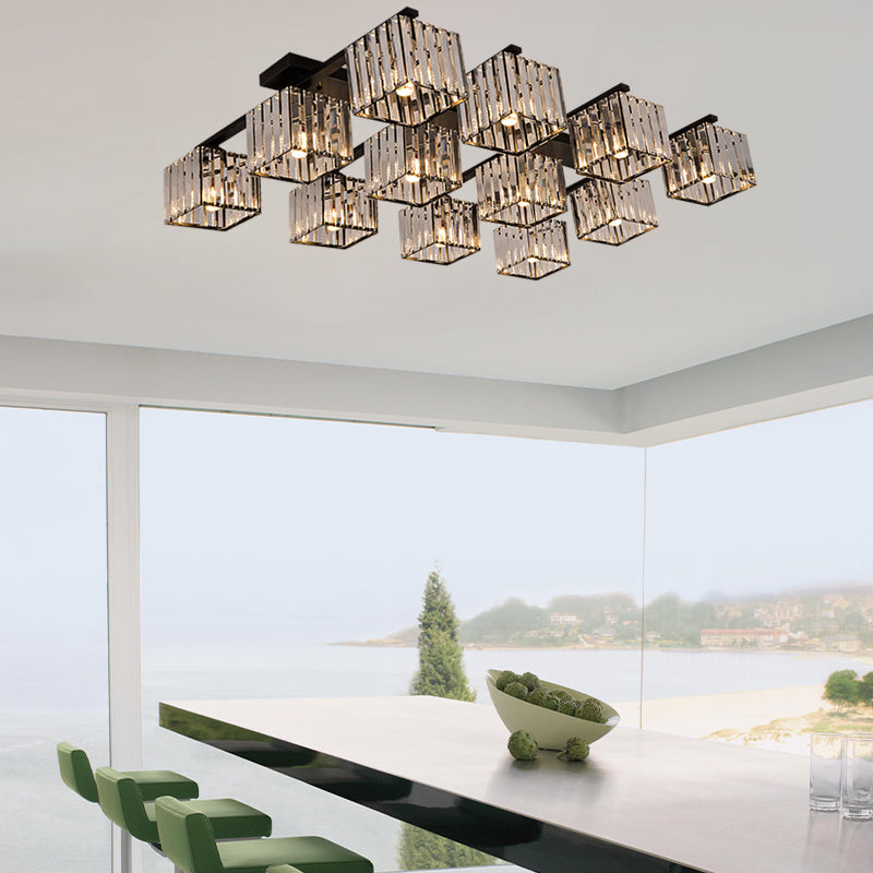Modern Square Semi Flush Mount Tri-Sided Crystal Rod 4/6/9 Lights Living Room Ceiling Fixture in Gold/Black Clearhalo 'Ceiling Lights' 'Close To Ceiling Lights' 'Close to ceiling' 'Flush mount' Lighting' 314137