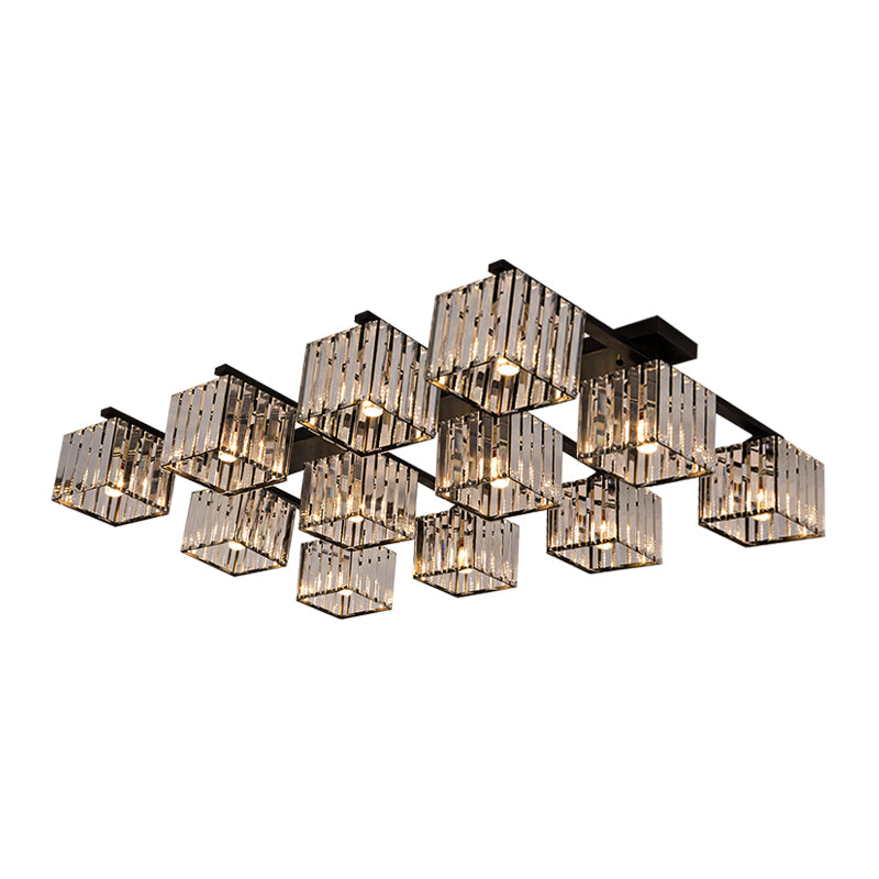 Modern Square Semi Flush Mount Tri-Sided Crystal Rod 4/6/9 Lights Living Room Ceiling Fixture in Gold/Black Clearhalo 'Ceiling Lights' 'Close To Ceiling Lights' 'Close to ceiling' 'Flush mount' Lighting' 314139