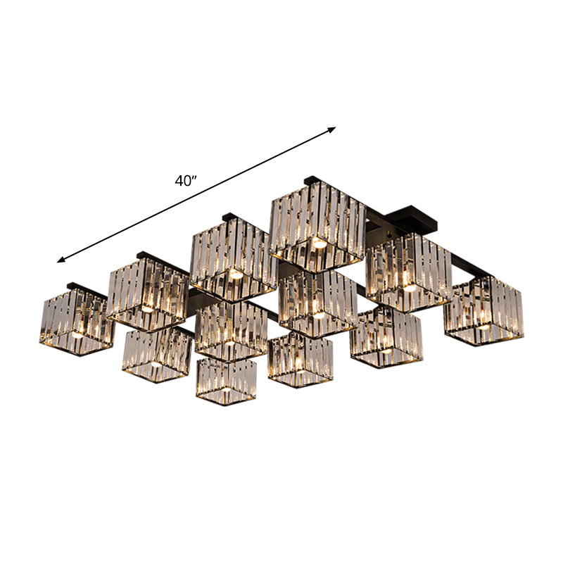 Modern Square Semi Flush Mount Tri-Sided Crystal Rod 4/6/9 Lights Living Room Ceiling Fixture in Gold/Black Clearhalo 'Ceiling Lights' 'Close To Ceiling Lights' 'Close to ceiling' 'Flush mount' Lighting' 314140