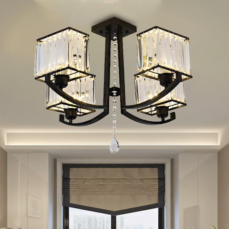 Black Rectangle Semi Flush Mount Lamp Contemporary 4/8 Lights Three Sided Crystal Rod Ceiling Light 4 Black Clearhalo 'Ceiling Lights' 'Close To Ceiling Lights' 'Close to ceiling' 'Semi-flushmount' Lighting' 314141