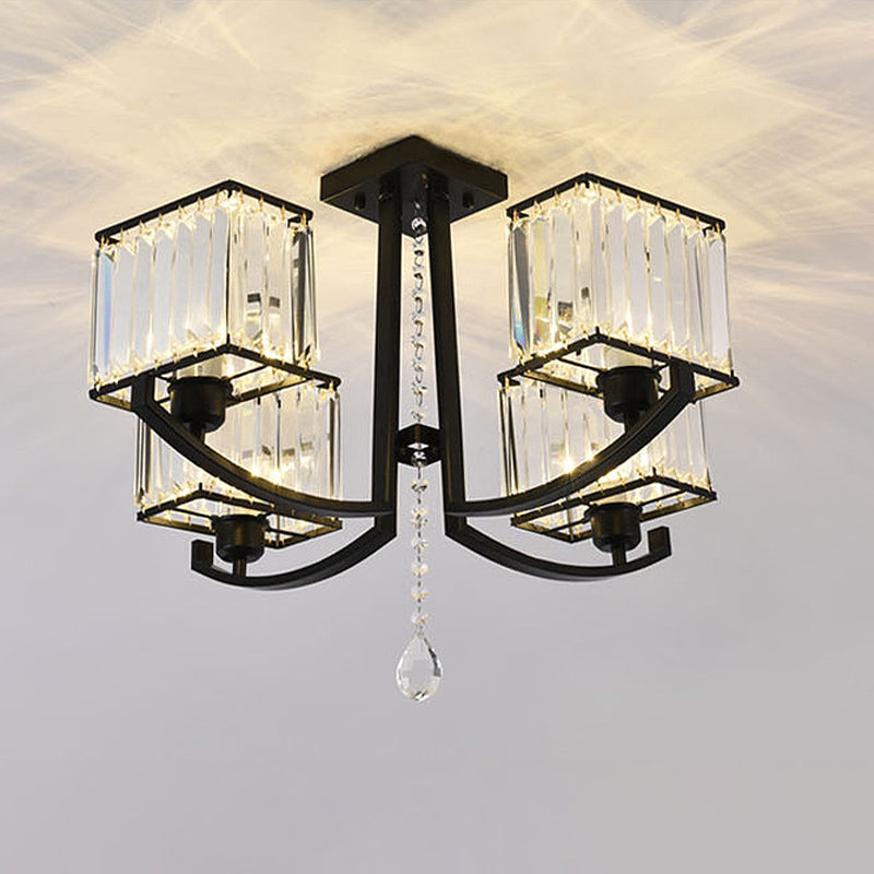 Black Rectangle Semi Flush Mount Lamp Contemporary 4/8 Lights Three Sided Crystal Rod Ceiling Light Clearhalo 'Ceiling Lights' 'Close To Ceiling Lights' 'Close to ceiling' 'Semi-flushmount' Lighting' 314142