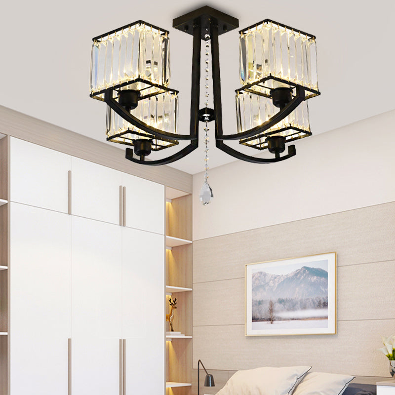 Black Rectangle Semi Flush Mount Lamp Contemporary 4/8 Lights Three Sided Crystal Rod Ceiling Light Clearhalo 'Ceiling Lights' 'Close To Ceiling Lights' 'Close to ceiling' 'Semi-flushmount' Lighting' 314143