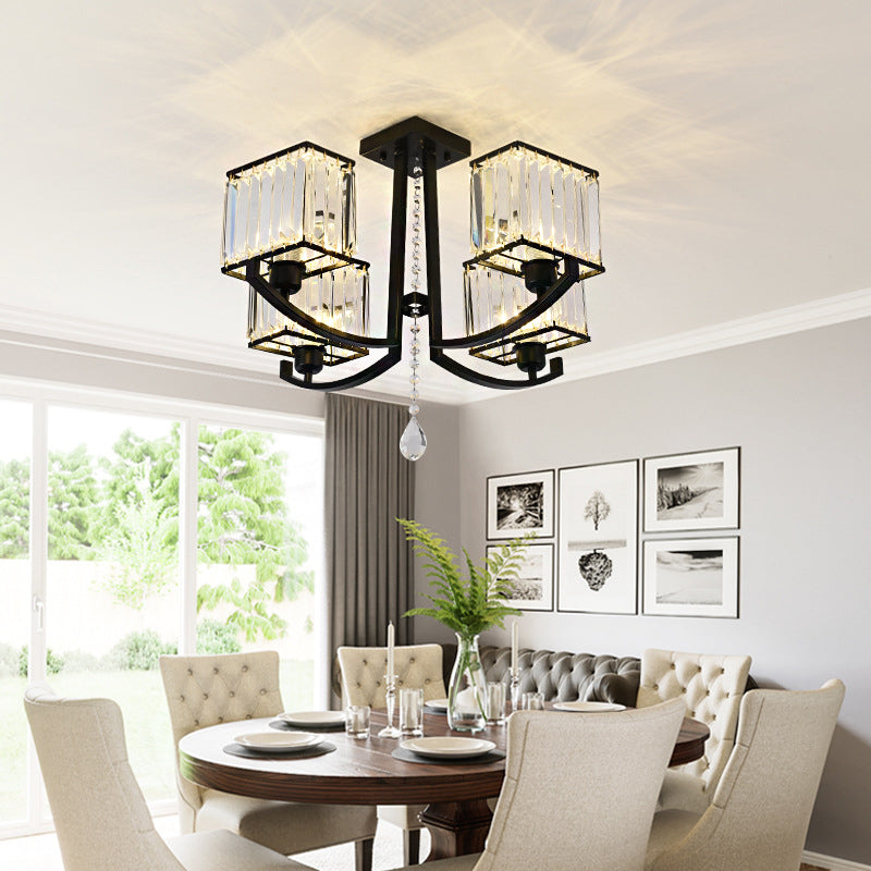Black Rectangle Semi Flush Mount Lamp Contemporary 4/8 Lights Three Sided Crystal Rod Ceiling Light Clearhalo 'Ceiling Lights' 'Close To Ceiling Lights' 'Close to ceiling' 'Semi-flushmount' Lighting' 314144