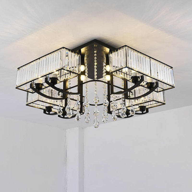 Black Rectangle Semi Flush Mount Lamp Contemporary 4/8 Lights Three Sided Crystal Rod Ceiling Light 8 Black Clearhalo 'Ceiling Lights' 'Close To Ceiling Lights' 'Close to ceiling' 'Semi-flushmount' Lighting' 314148