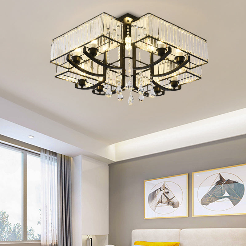 Black Rectangle Semi Flush Mount Lamp Contemporary 4/8 Lights Three Sided Crystal Rod Ceiling Light Clearhalo 'Ceiling Lights' 'Close To Ceiling Lights' 'Close to ceiling' 'Semi-flushmount' Lighting' 314149