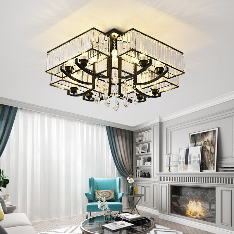Black Rectangle Semi Flush Mount Lamp Contemporary 4/8 Lights Three Sided Crystal Rod Ceiling Light Clearhalo 'Ceiling Lights' 'Close To Ceiling Lights' 'Close to ceiling' 'Semi-flushmount' Lighting' 314151