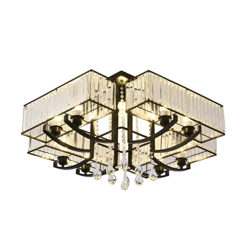 Black Rectangle Semi Flush Mount Lamp Contemporary 4/8 Lights Three Sided Crystal Rod Ceiling Light Clearhalo 'Ceiling Lights' 'Close To Ceiling Lights' 'Close to ceiling' 'Semi-flushmount' Lighting' 314152