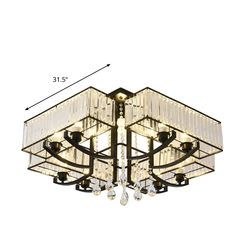 Black Rectangle Semi Flush Mount Lamp Contemporary 4/8 Lights Three Sided Crystal Rod Ceiling Light Clearhalo 'Ceiling Lights' 'Close To Ceiling Lights' 'Close to ceiling' 'Semi-flushmount' Lighting' 314153