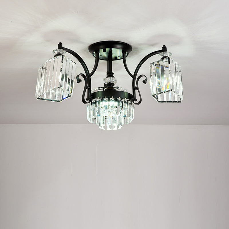 Geometric Ceiling Mounted Fixture Modernism Three Sided Crystal Rod 3 Heads Black Flush Light in White Light