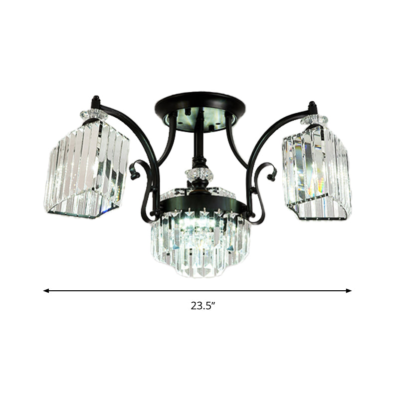 Geometric Ceiling Mounted Fixture Modernism Three Sided Crystal Rod 3 Heads Black Flush Light in White Light