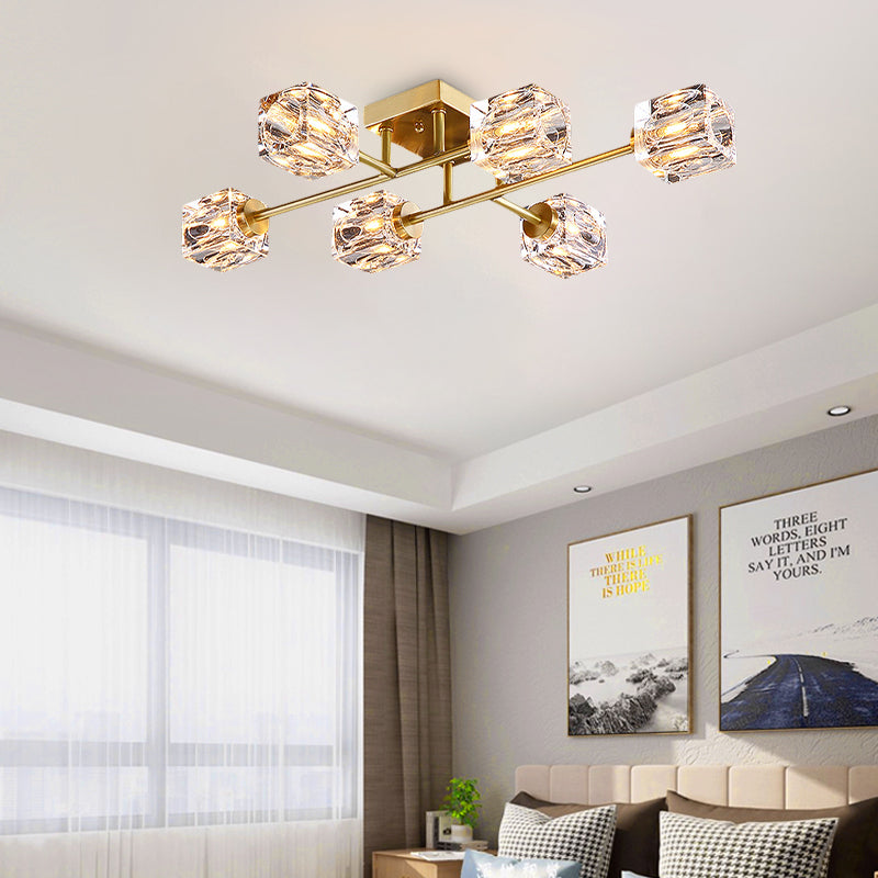 Cubic Dimpled Crystal Semi Flush Mount Lighting Postmodern 4/6 Heads Gold Ceiling Light Fixture 6 Gold Clearhalo 'Ceiling Lights' 'Close To Ceiling Lights' 'Close to ceiling' 'Semi-flushmount' Lighting' 314257