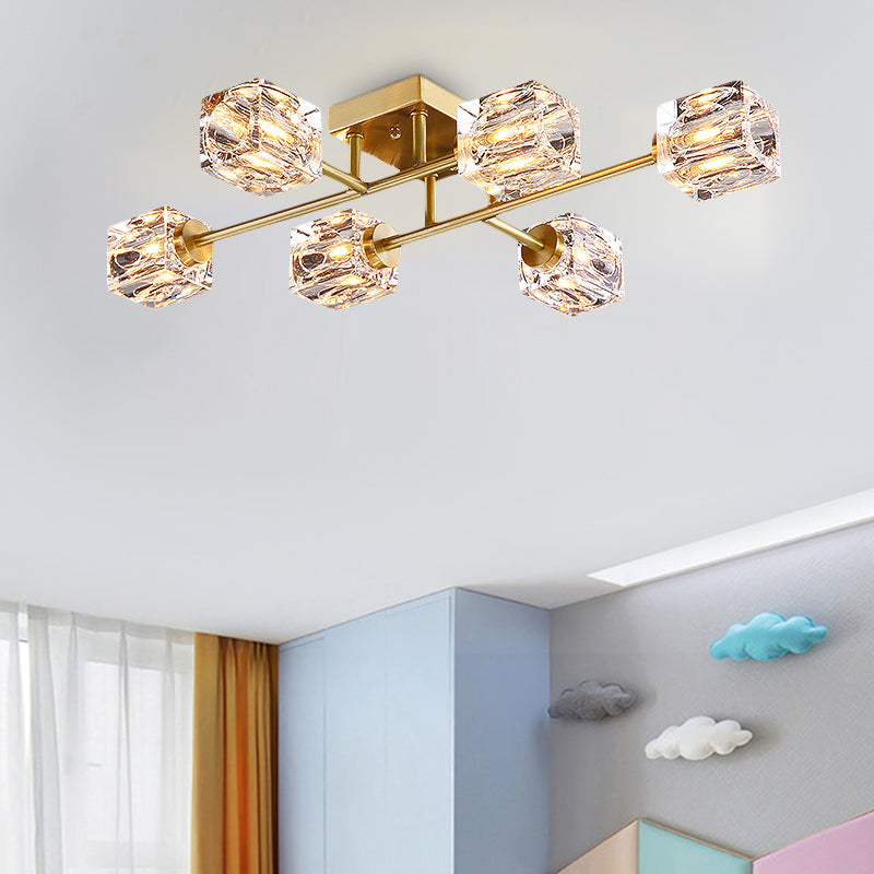 Cubic Dimpled Crystal Semi Flush Mount Lighting Postmodern 4/6 Heads Gold Ceiling Light Fixture Clearhalo 'Ceiling Lights' 'Close To Ceiling Lights' 'Close to ceiling' 'Semi-flushmount' Lighting' 314258