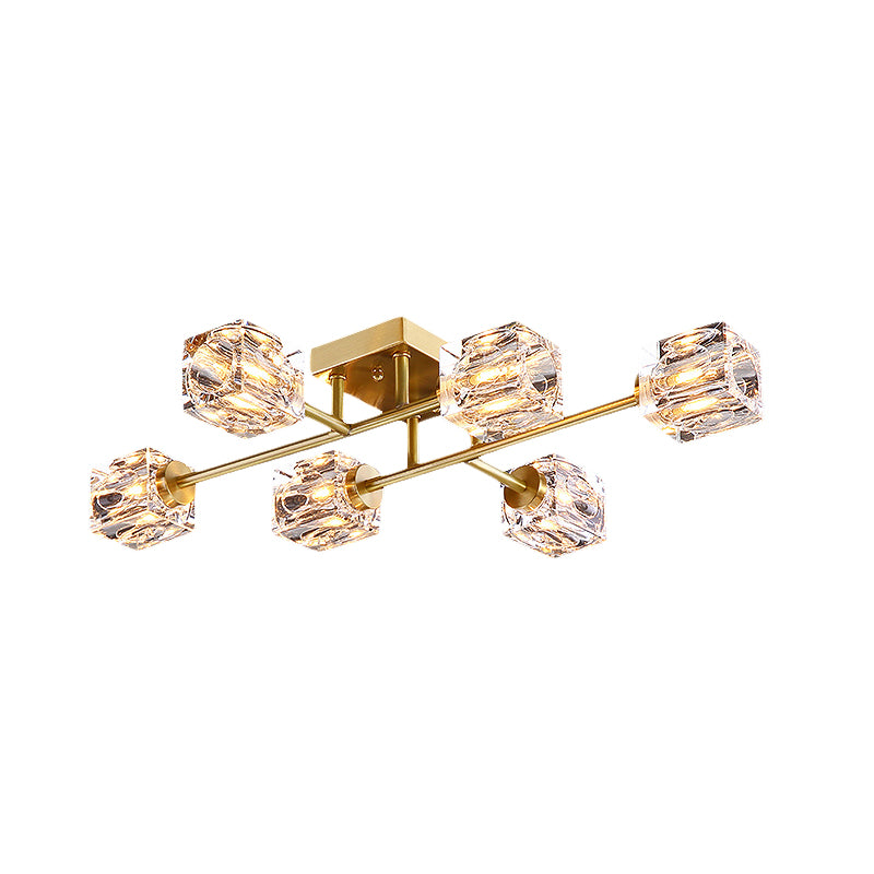 Cubic Dimpled Crystal Semi Flush Mount Lighting Postmodern 4/6 Heads Gold Ceiling Light Fixture Clearhalo 'Ceiling Lights' 'Close To Ceiling Lights' 'Close to ceiling' 'Semi-flushmount' Lighting' 314261