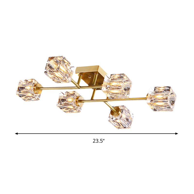 Cubic Dimpled Crystal Semi Flush Mount Lighting Postmodern 4/6 Heads Gold Ceiling Light Fixture Clearhalo 'Ceiling Lights' 'Close To Ceiling Lights' 'Close to ceiling' 'Semi-flushmount' Lighting' 314262
