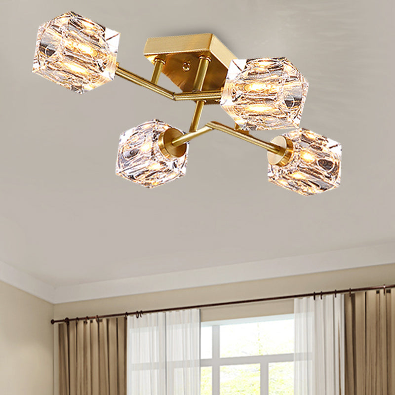 Cubic Dimpled Crystal Semi Flush Mount Lighting Postmodern 4/6 Heads Gold Ceiling Light Fixture 4 Gold Clearhalo 'Ceiling Lights' 'Close To Ceiling Lights' 'Close to ceiling' 'Semi-flushmount' Lighting' 314263