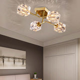 Cubic Dimpled Crystal Semi Flush Mount Lighting Postmodern 4/6 Heads Gold Ceiling Light Fixture Clearhalo 'Ceiling Lights' 'Close To Ceiling Lights' 'Close to ceiling' 'Semi-flushmount' Lighting' 314264