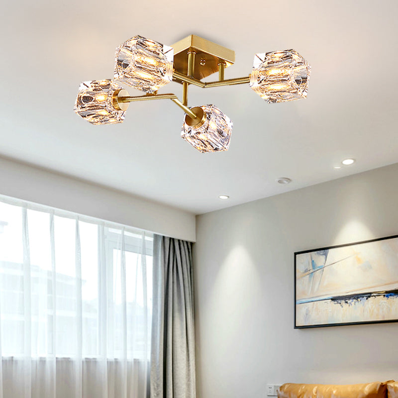 Cubic Dimpled Crystal Semi Flush Mount Lighting Postmodern 4/6 Heads Gold Ceiling Light Fixture Clearhalo 'Ceiling Lights' 'Close To Ceiling Lights' 'Close to ceiling' 'Semi-flushmount' Lighting' 314265